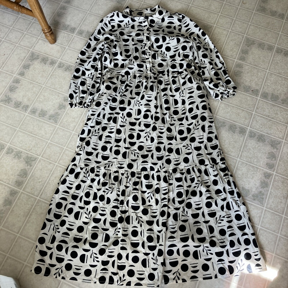 Rachel Zoe Black Ivory Floral Button Front Shirt Dress Long Sleeve M Midi Tiered